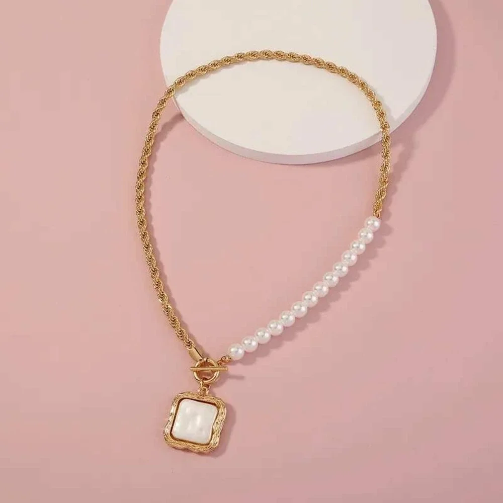 Pearl Toggle Necklace Gold White Square Pendant Rope Chain Bride Regence Party